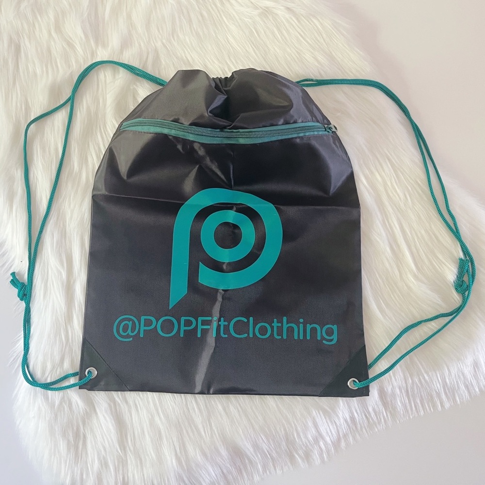 NWOT POP FIT Black Teal Drawstring Zipper Gym Bag Tote - Picture 3 of 7